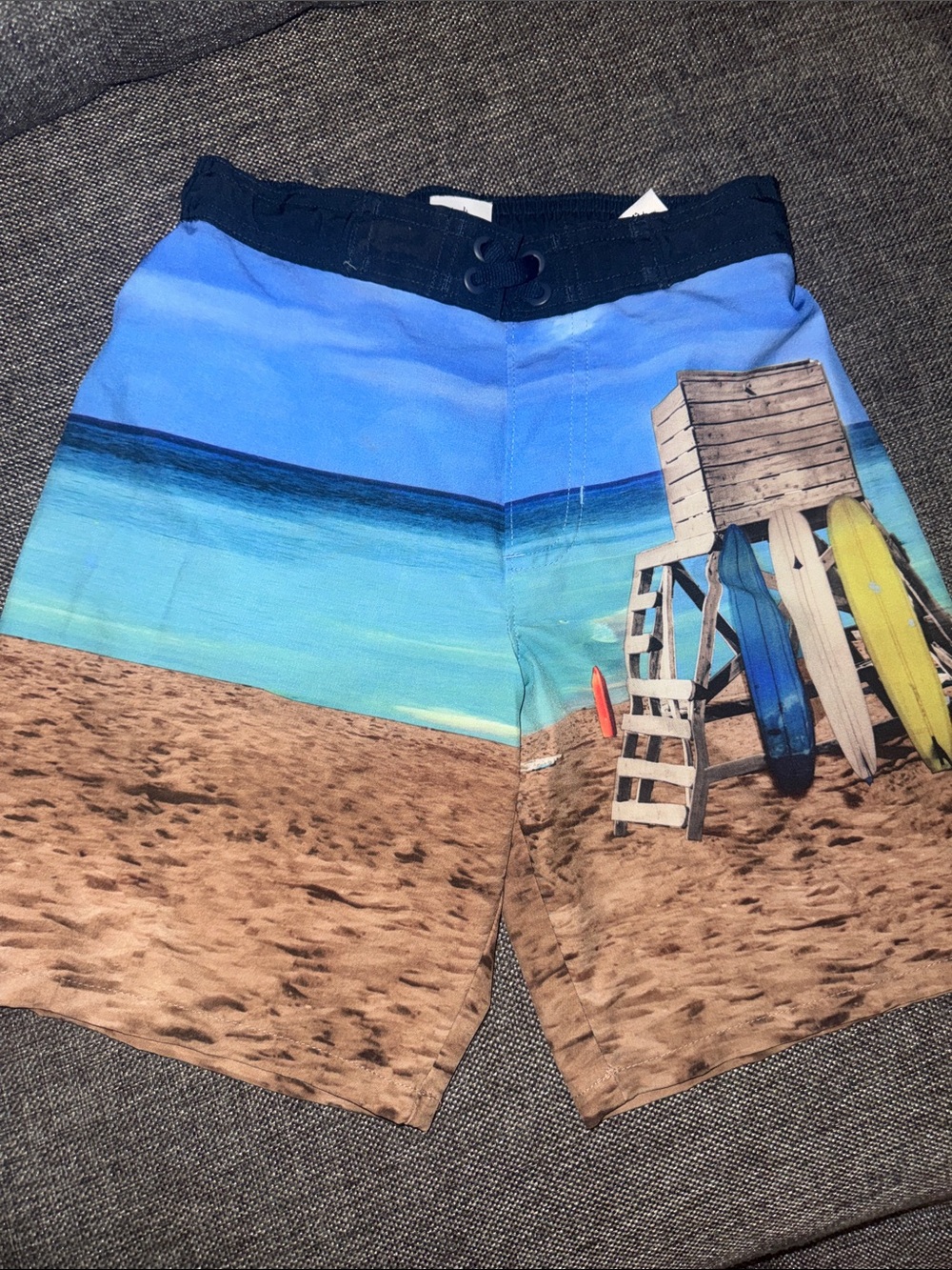 Beach Scene Boy’s Swim Shorts with Surfboard Print - Blue, Tan